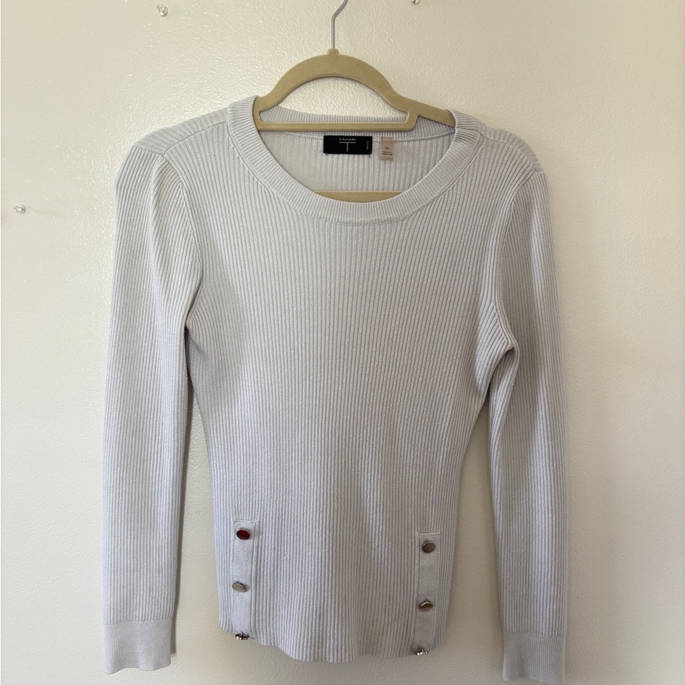 White Ribbed Sweater with Button Accents